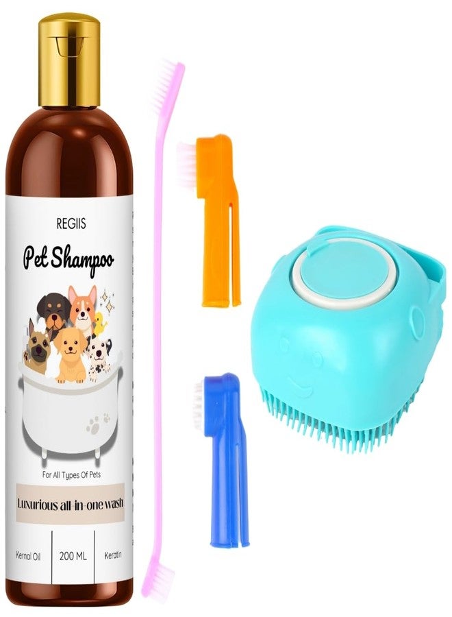 مجموعة شامبو ريجيس للحيوانات الأليفة مع فرشاة للعناية، غسول فاخر شامل للكلاب والقطط، تركيبة الكيراتين وزيت النواة، 200 مل (عبوة من 3 قطع) - Image 1